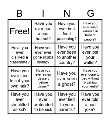 "I have never..." BINGO Card