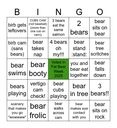 FAT BEAR WEEK BINGO Card