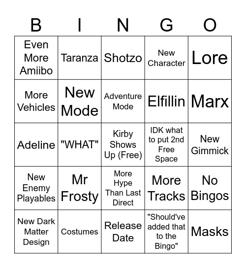 2nd Kirby Air Riders Direct Bingo Card