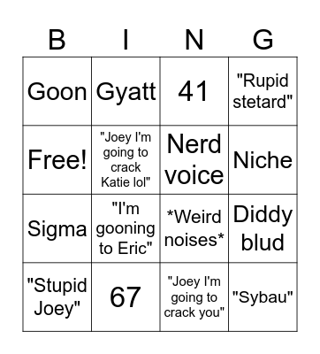 Things Jack says Bingo Card