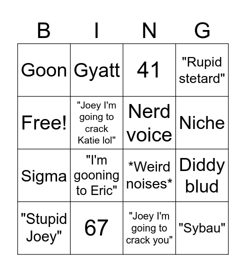 Things Jack says Bingo Card