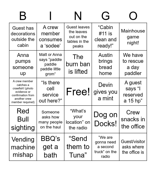 Ross Lake crew Bingo Card