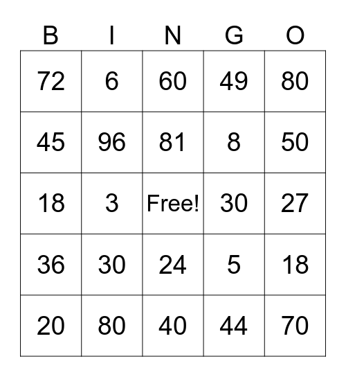 Multiplication Bingo Card