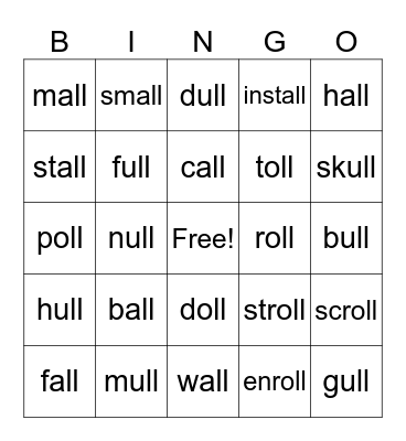 Word Families -all -oll -ull Bingo Card