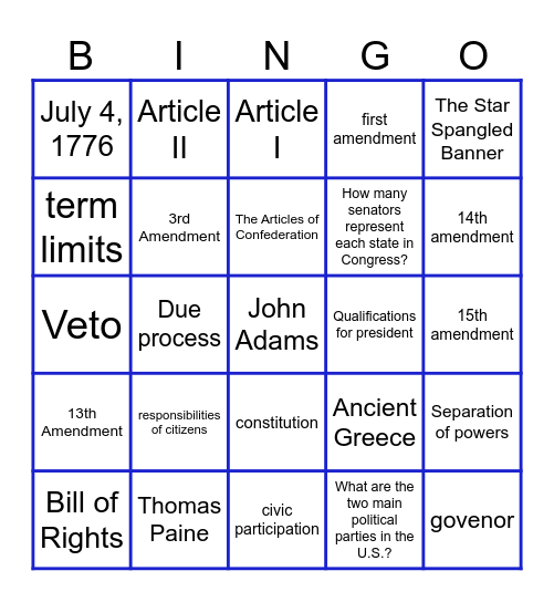CIVICS Bingo Card