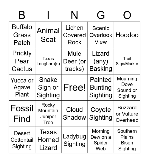 Palo Duro Canyon State Park Bingo Card