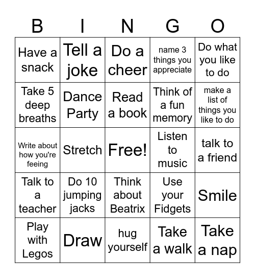 Abby's Anxiety Busters Bingo Card