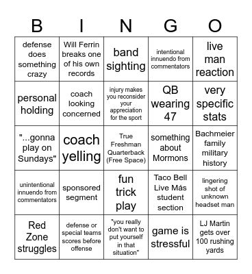 BYU football Bingo Card