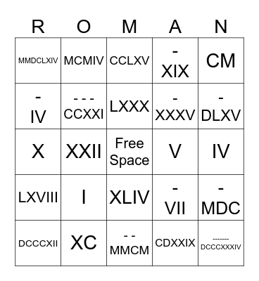 Roman Numeral Bingo Card