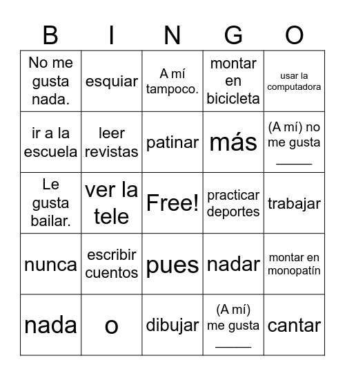 Características y Actividades Bingo Card
