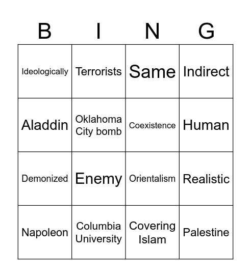 Edward Said on Orientalism Bingo! Bingo Card