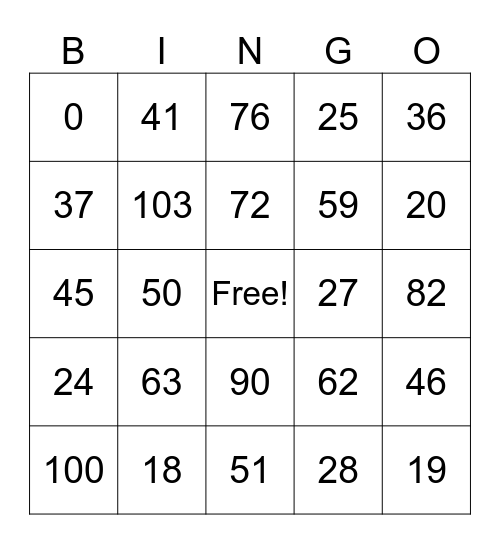 2 Digit Addition and Subtraction Bingo Card
