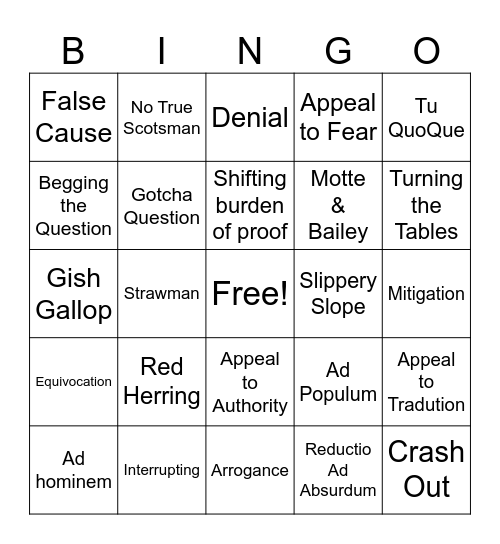 RR Debate Bingo Card