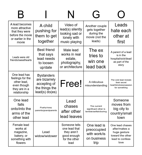 Hallmark Romance Movie Bingo Card