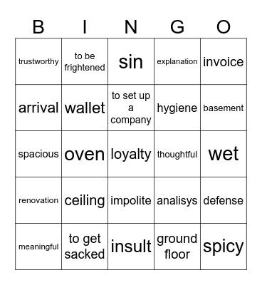 Vocab revision Bingo Card