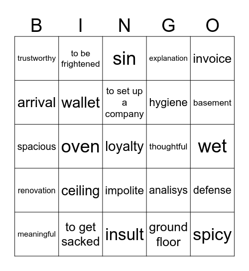 Vocab revision Bingo Card