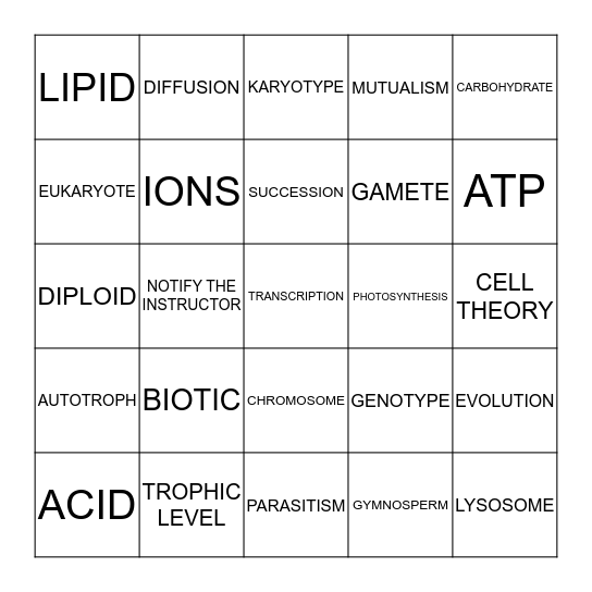 BIOLOGY STATE TEST BINGO Card