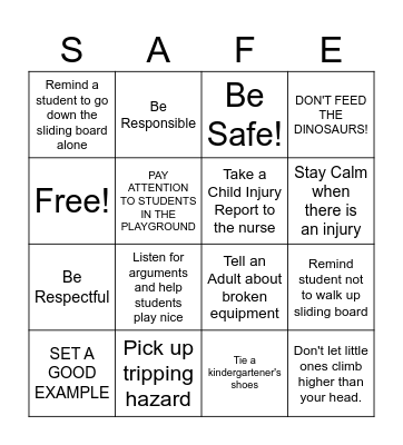 Playground Safety Bingo Card