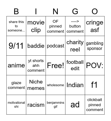 insta reels bingo Card