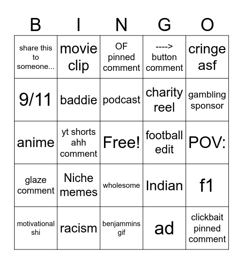 insta reels bingo Card