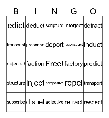 Latin Root Bingo Card