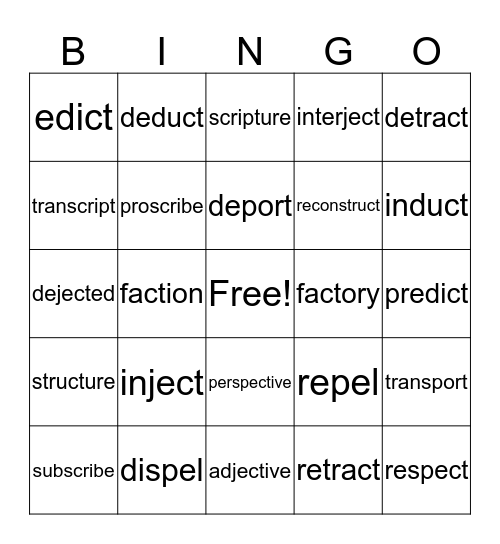 Latin Root Bingo Card
