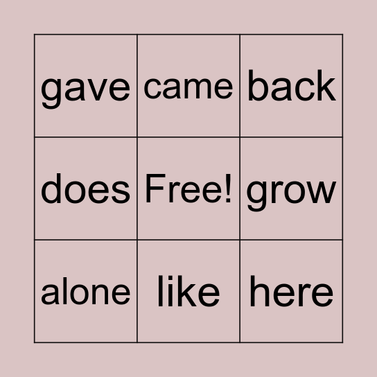 Sight Words Bingo Card