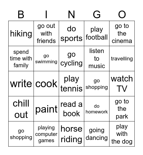 Free Time Activities Bingo Card