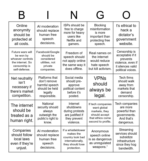 Freedom Of Speech Bingo Card
