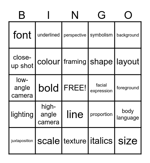 Visual Element Bingo Card