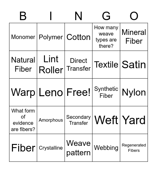 Unit 4: textiles & fibers Bingo Card