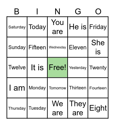 English starters bingo Card