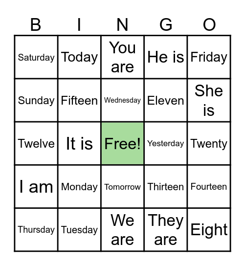 English starters bingo Card