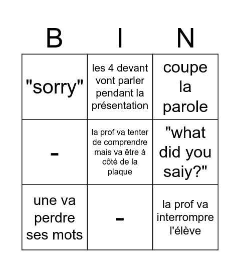 bingo anglais Bingo Card