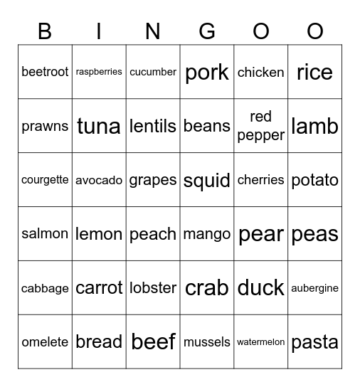 Food Bingo Card
