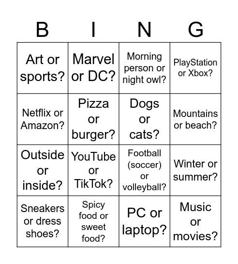 THIS OR THAT? Bingo Card