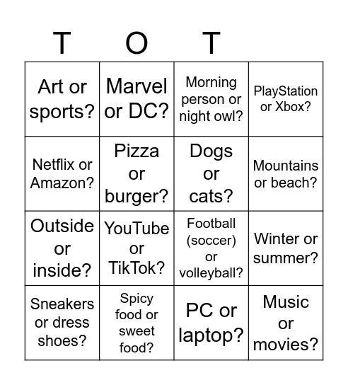 THIS OR THAT? Bingo Card