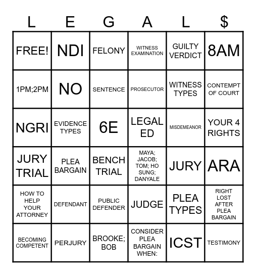 LEGAL ED BINGO 6E Bingo Card