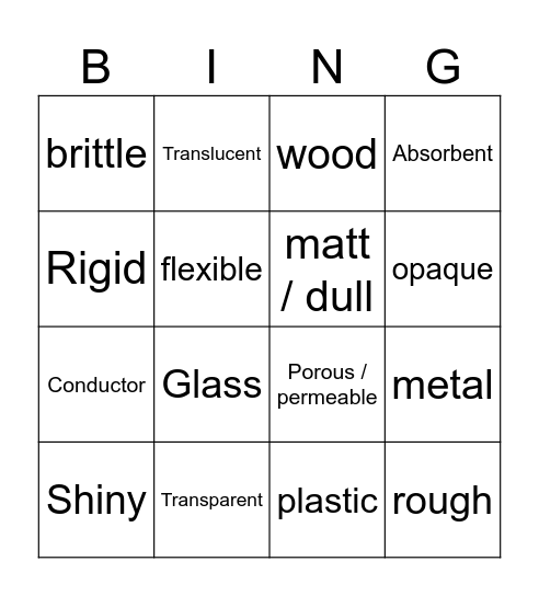 Properties of Materials Bingo Card