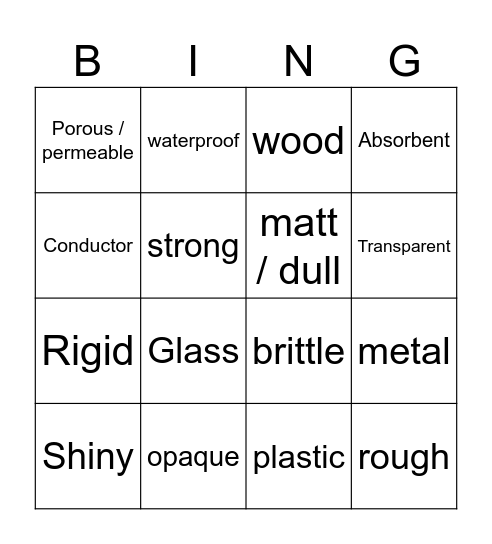 Properties of Materials Bingo Card