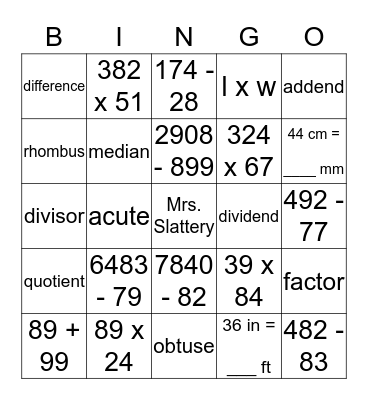 Fourth Grade Math Bingo Card