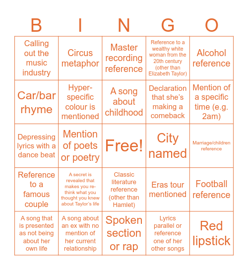 The Life of a Showgirl Bingo Card