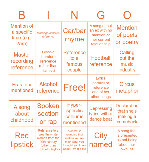 The Life of a Showgirl Bingo Card