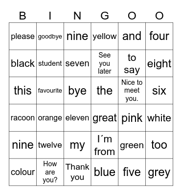VOCABULARY Bingo Card