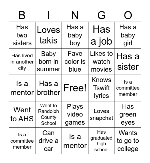 YoungLives Bingo Card