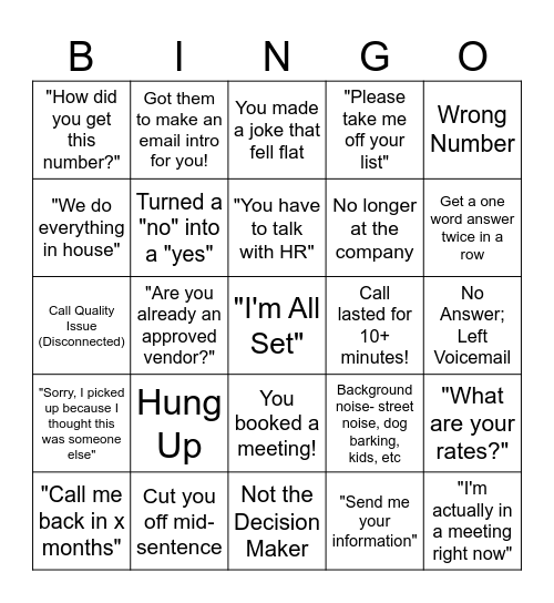 Cold Call Bingo Card