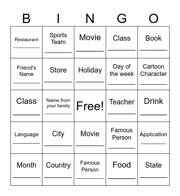 Proper Nouns Bingo Card