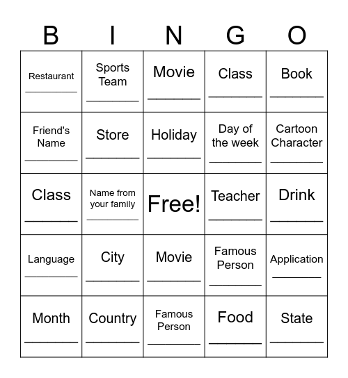 Proper Nouns Bingo Card