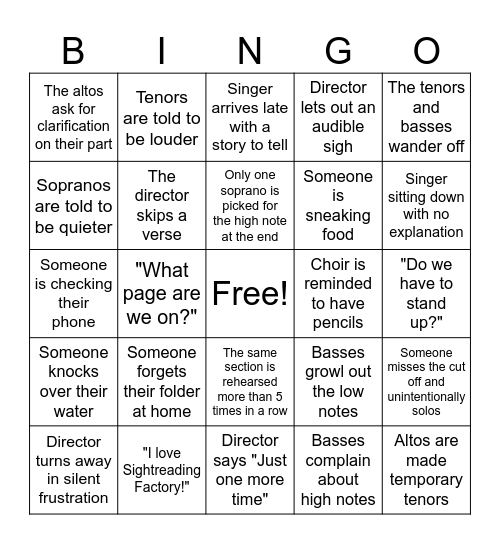 Choir Rehearsal Bingo Card