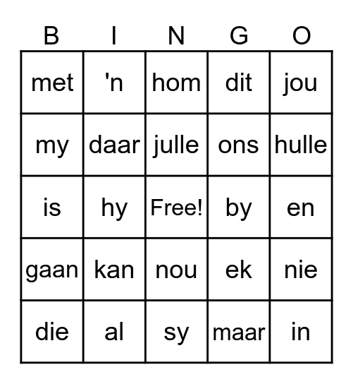 Bingo Gr. 1 Afrikaans HT Bingo Card